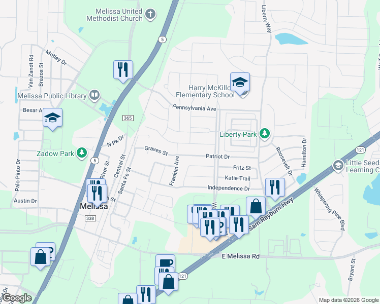 map of restaurants, bars, coffee shops, grocery stores, and more near 2308 Patriot Drive in Melissa