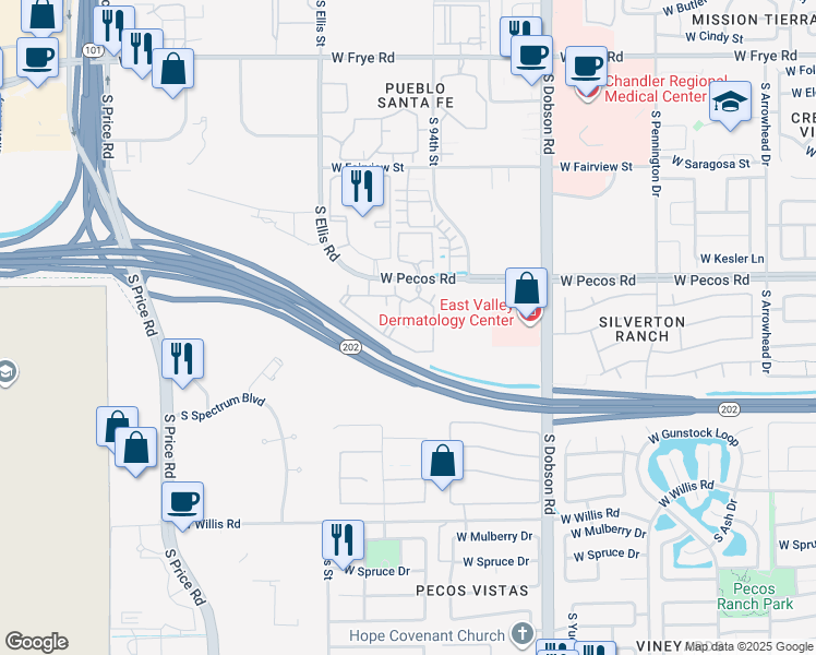 map of restaurants, bars, coffee shops, grocery stores, and more near 2475 West Pecos Road in Chandler