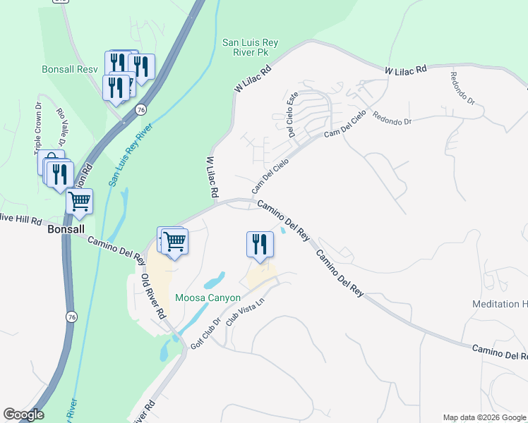 map of restaurants, bars, coffee shops, grocery stores, and more near 5492 Villas Drive in Bonsall