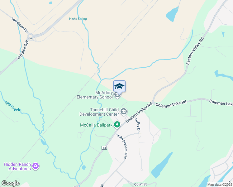 map of restaurants, bars, coffee shops, grocery stores, and more near 6251 Eastern Valley Road in McCalla