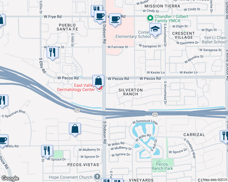map of restaurants, bars, coffee shops, grocery stores, and more near 1110 South Cholla Street in Chandler