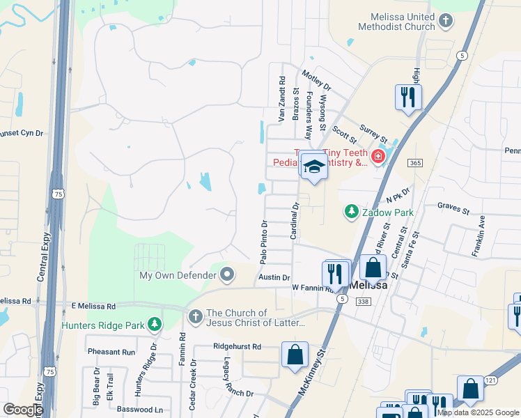 map of restaurants, bars, coffee shops, grocery stores, and more near 3101 Palo Pinto Drive in Melissa