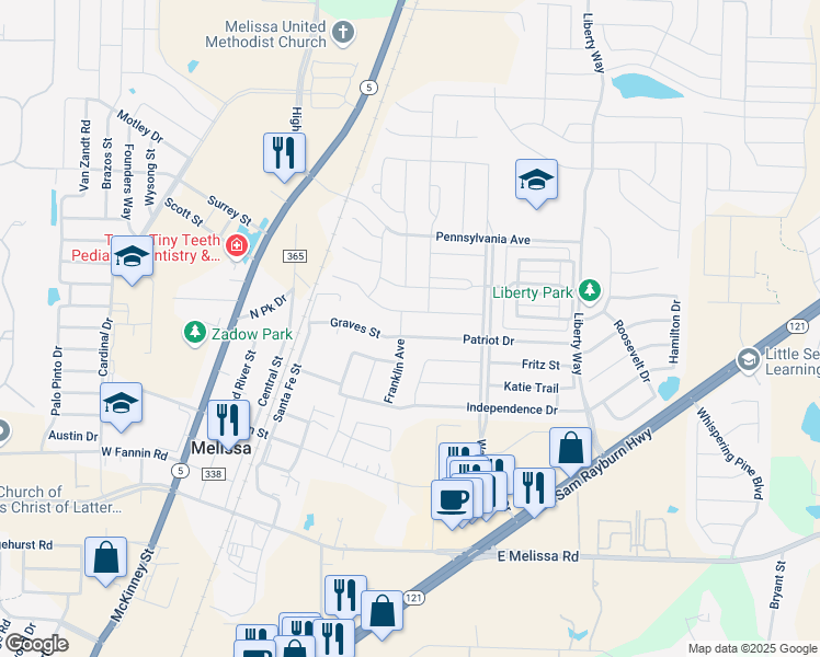 map of restaurants, bars, coffee shops, grocery stores, and more near 2203 Patriot Drive in Melissa