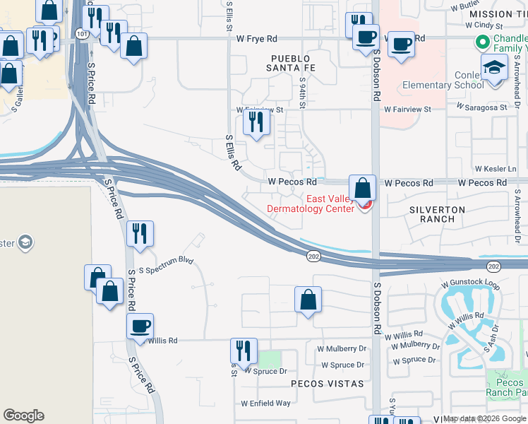 map of restaurants, bars, coffee shops, grocery stores, and more near 2475 West Pecos Road in Chandler