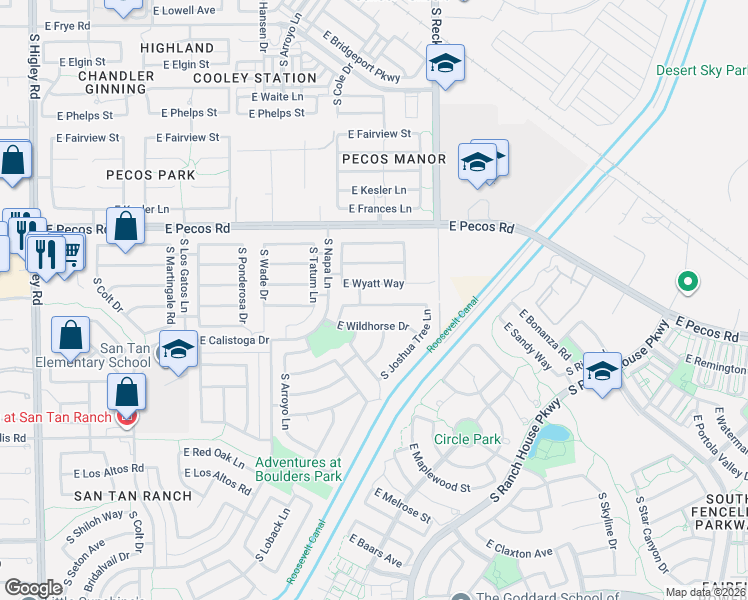 map of restaurants, bars, coffee shops, grocery stores, and more near 3871 East Remington Drive in Gilbert