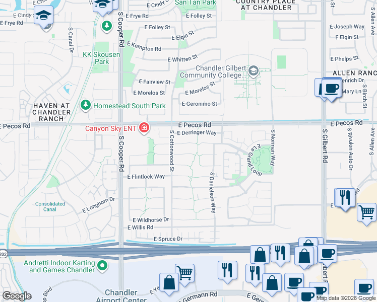 map of restaurants, bars, coffee shops, grocery stores, and more near 2345 East Browning Place in Chandler