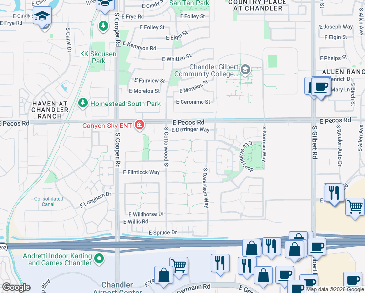 map of restaurants, bars, coffee shops, grocery stores, and more near 2345 East Browning Place in Chandler
