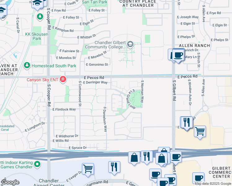 map of restaurants, bars, coffee shops, grocery stores, and more near 2540 East Browning Place in Chandler