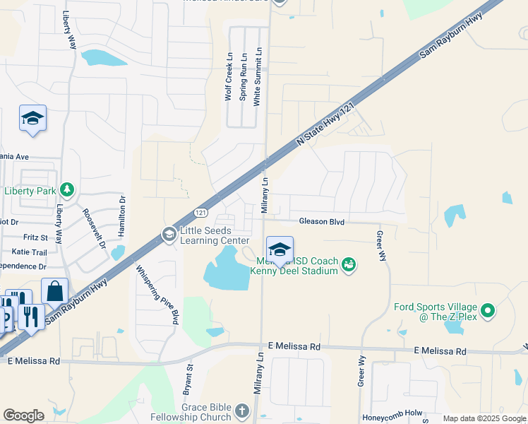 map of restaurants, bars, coffee shops, grocery stores, and more near 3115 Milrany Lane in Melissa