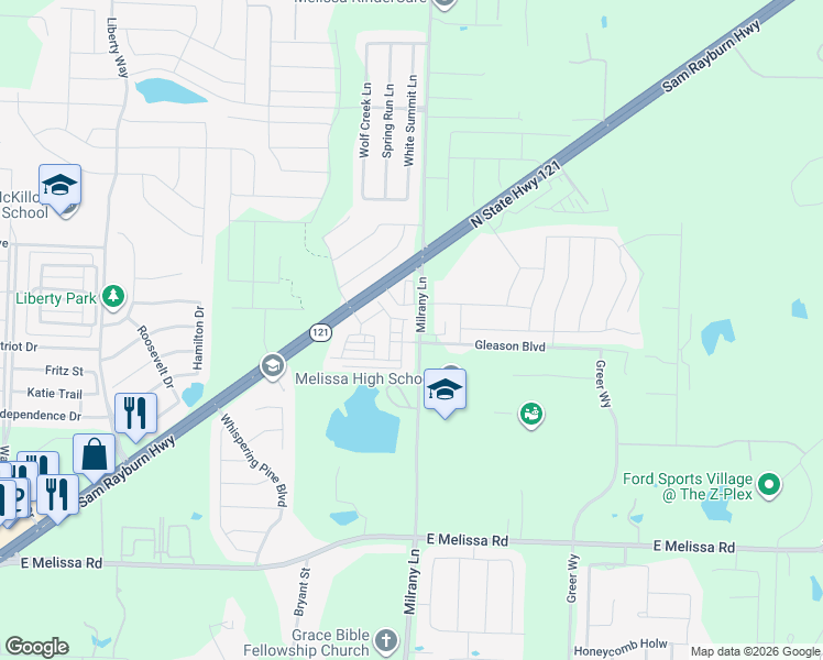 map of restaurants, bars, coffee shops, grocery stores, and more near 3115 Milrany Lane in Melissa