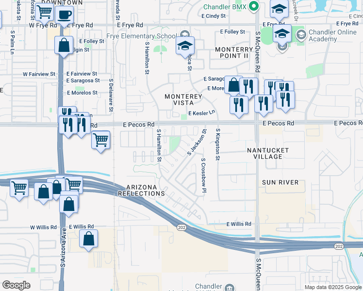 map of restaurants, bars, coffee shops, grocery stores, and more near 640 East Browning Way in Chandler