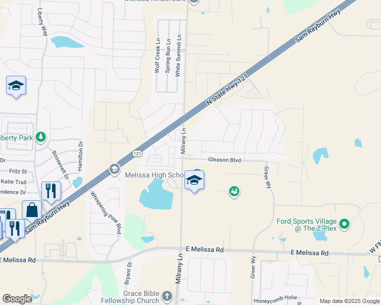 map of restaurants, bars, coffee shops, grocery stores, and more near 3122 Milrany Lane in Melissa