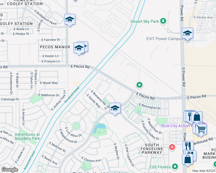 map of restaurants, bars, coffee shops, grocery stores, and more near 4255 East Pecos Road in Gilbert