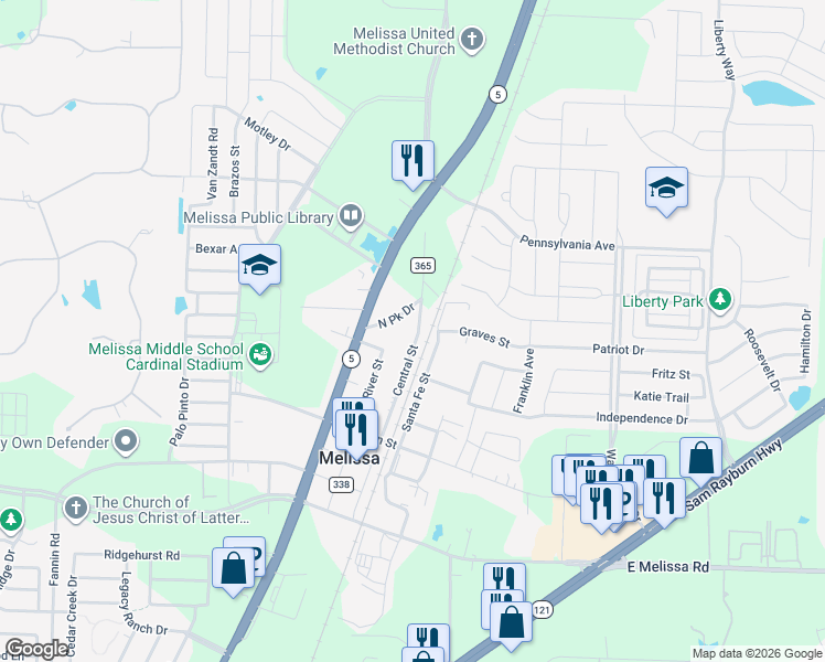 map of restaurants, bars, coffee shops, grocery stores, and more near 3207 Central Street in Melissa