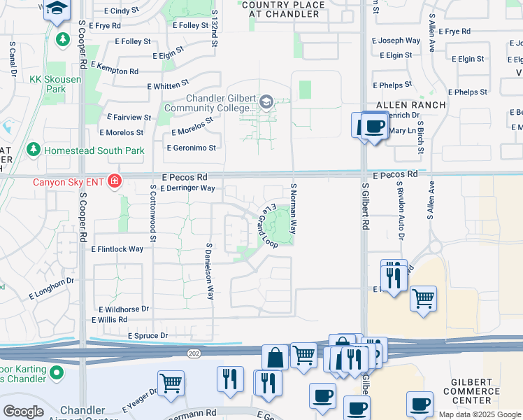 map of restaurants, bars, coffee shops, grocery stores, and more near 1177 South Roger Way in Chandler