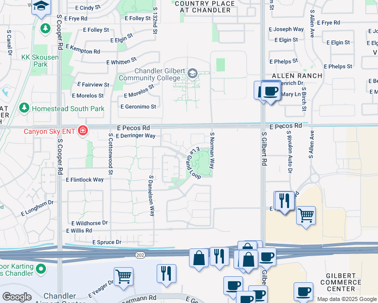 map of restaurants, bars, coffee shops, grocery stores, and more near 1177 South Roger Way in Chandler