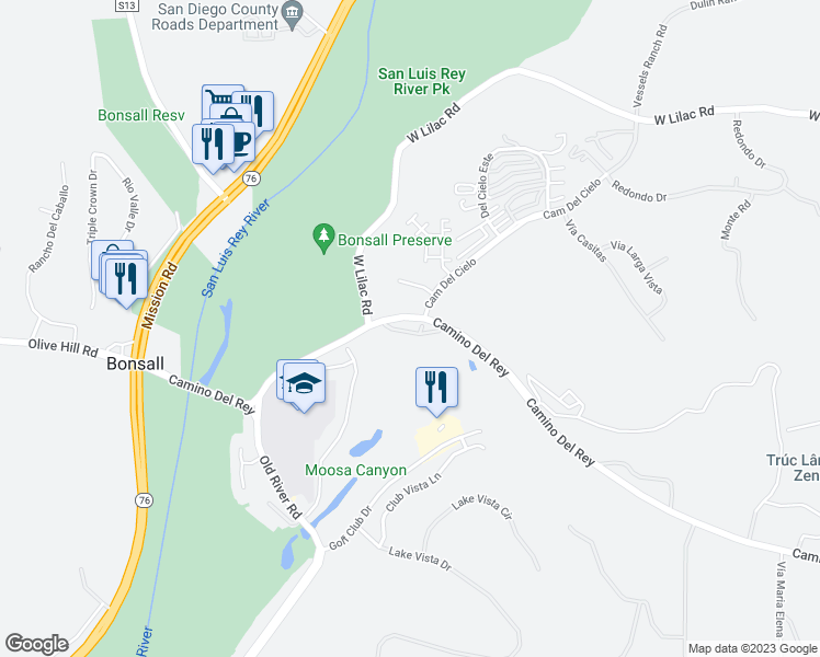 map of restaurants, bars, coffee shops, grocery stores, and more near 5443 Villas Drive in Bonsall