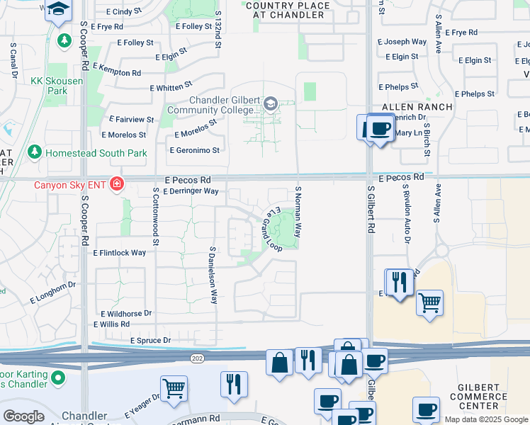 map of restaurants, bars, coffee shops, grocery stores, and more near 1177 South Roger Way in Chandler
