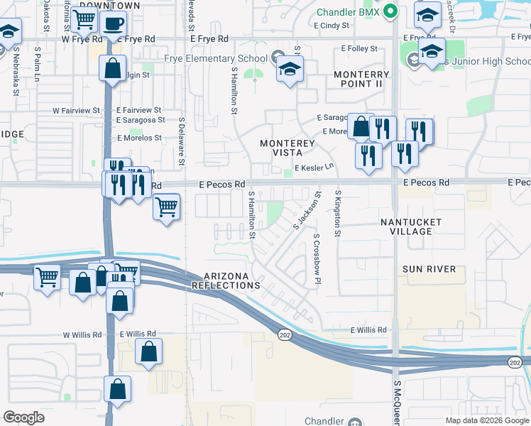 map of restaurants, bars, coffee shops, grocery stores, and more near 1142 South Bogle Court in Chandler
