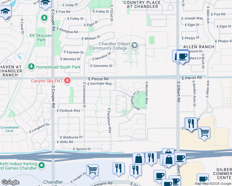 map of restaurants, bars, coffee shops, grocery stores, and more near 1171 South Emmett Drive in Chandler