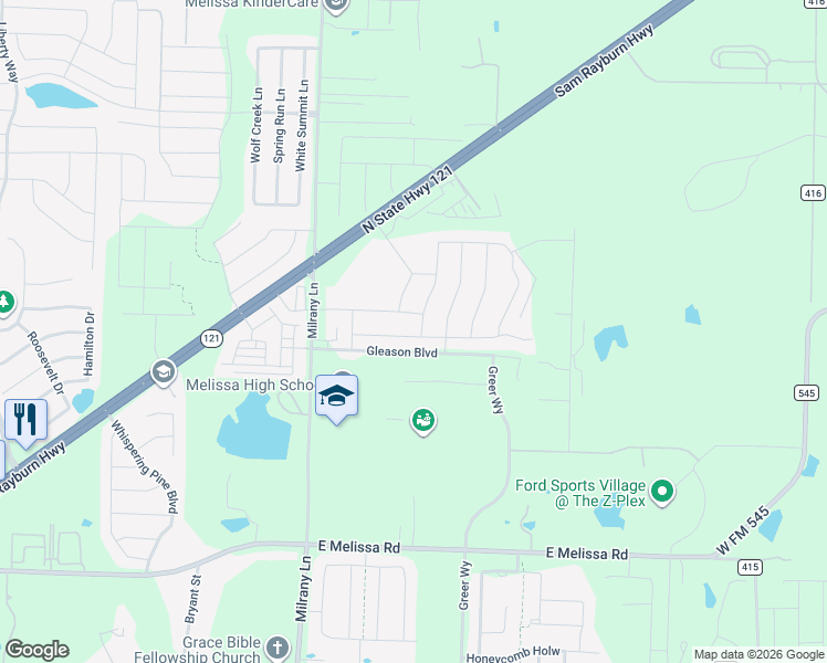 map of restaurants, bars, coffee shops, grocery stores, and more near 3115 Milrany Lane in Melissa
