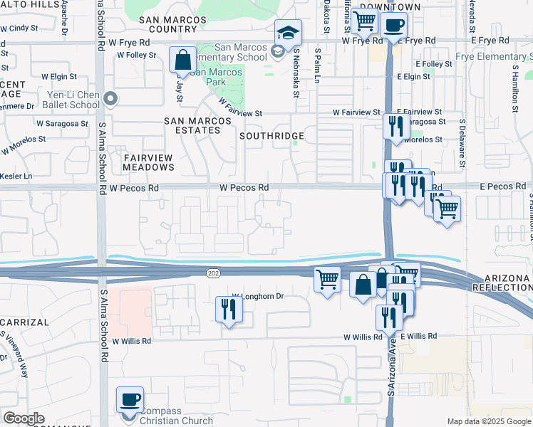 map of restaurants, bars, coffee shops, grocery stores, and more near 575 West Pecos Road in Chandler