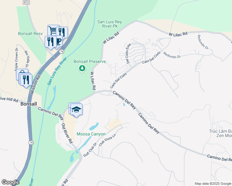 map of restaurants, bars, coffee shops, grocery stores, and more near Camino Del Rey & Villas Drive in Bonsall