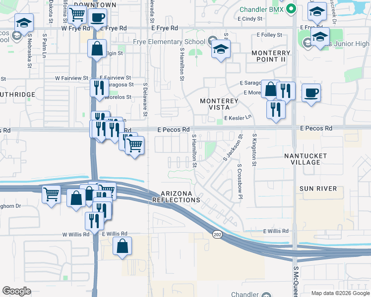map of restaurants, bars, coffee shops, grocery stores, and more near 1135 South Fresno Court in Chandler