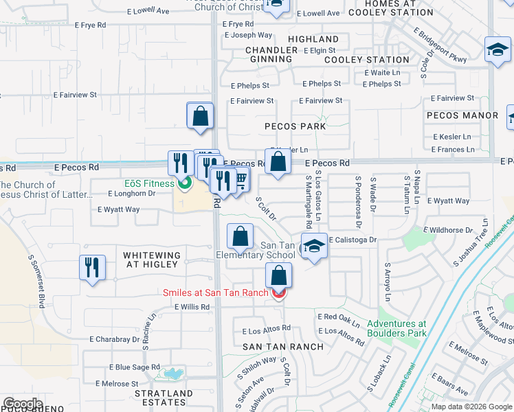 map of restaurants, bars, coffee shops, grocery stores, and more near 3296A East Wildhorse Drive in Gilbert