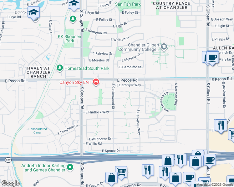 map of restaurants, bars, coffee shops, grocery stores, and more near 2255 East Browning Place in Chandler