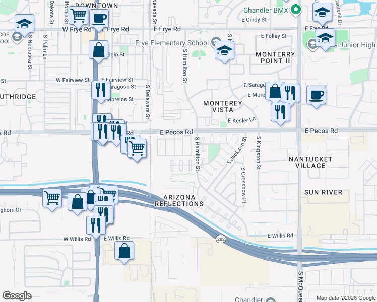 map of restaurants, bars, coffee shops, grocery stores, and more near 1135 South Fresno Court in Chandler
