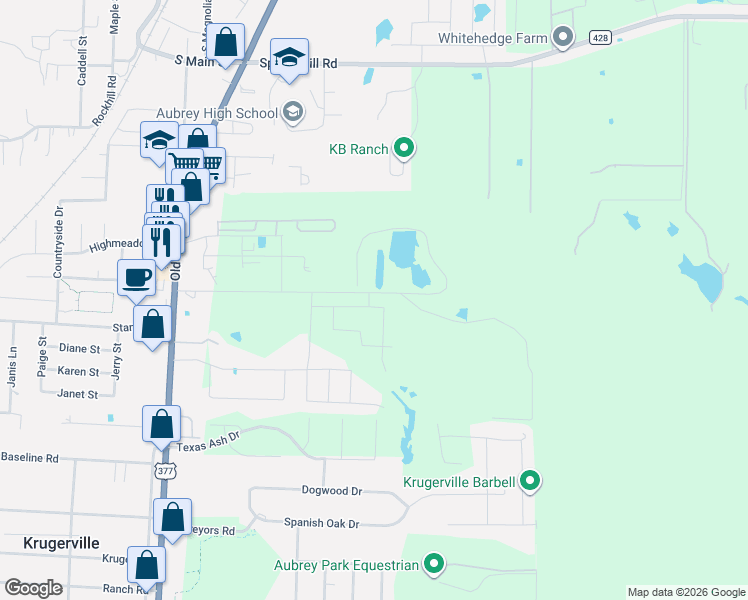 map of restaurants, bars, coffee shops, grocery stores, and more near 5408 Us Highway 377 South in Aubrey