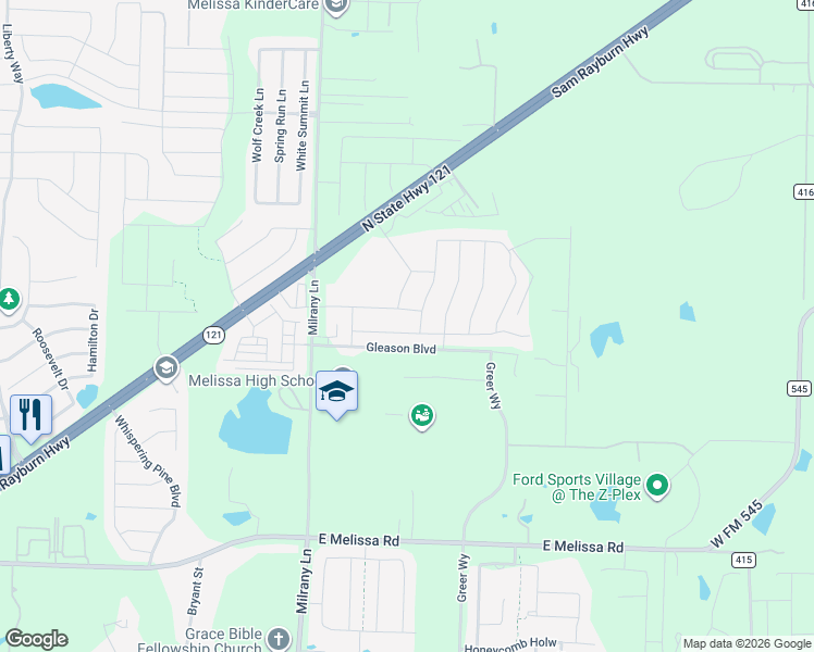 map of restaurants, bars, coffee shops, grocery stores, and more near 3115 Milrany Lane in Melissa