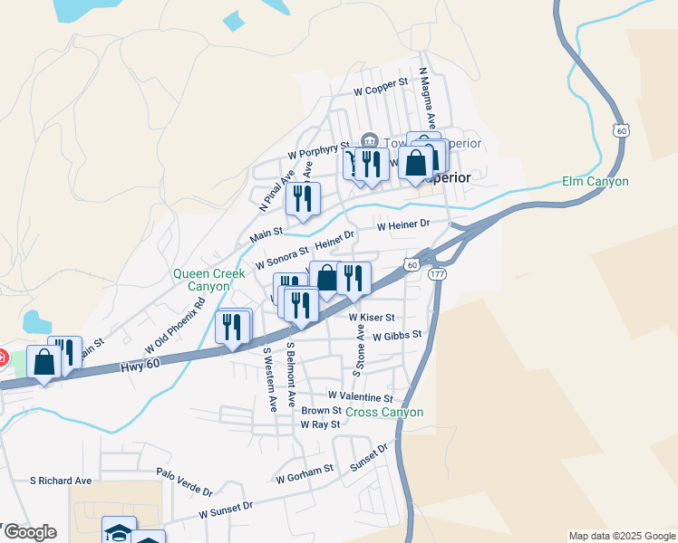 map of restaurants, bars, coffee shops, grocery stores, and more near 500 South Stone Avenue in Superior