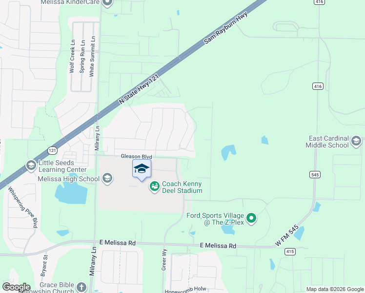 map of restaurants, bars, coffee shops, grocery stores, and more near 3115 Milrany Lane in Melissa
