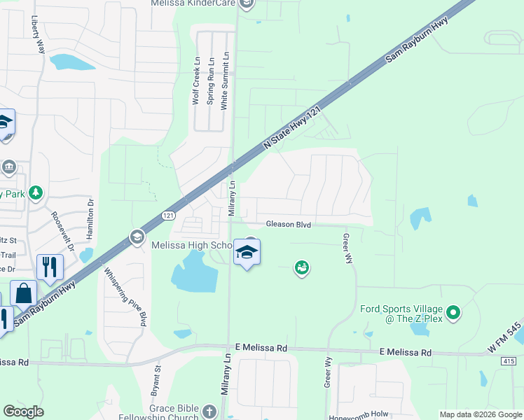 map of restaurants, bars, coffee shops, grocery stores, and more near 3122 Milrany Lane in Melissa