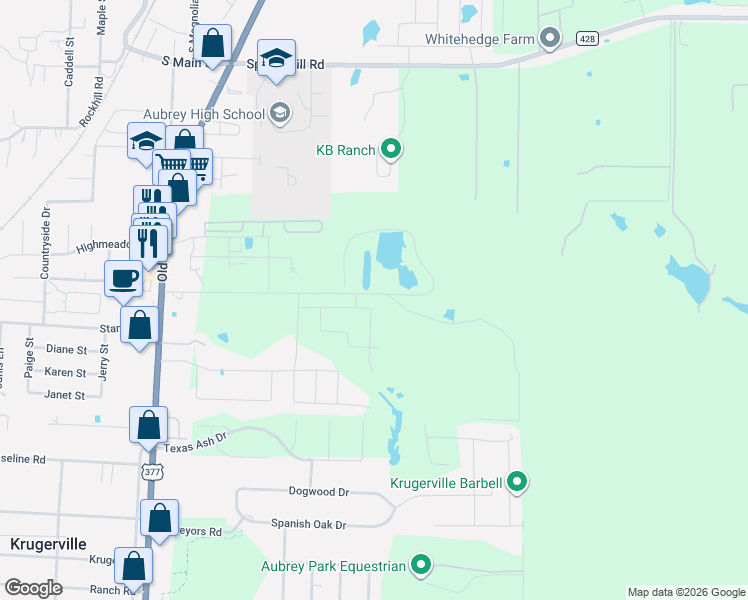 map of restaurants, bars, coffee shops, grocery stores, and more near 5408 Us Highway 377 South in Aubrey