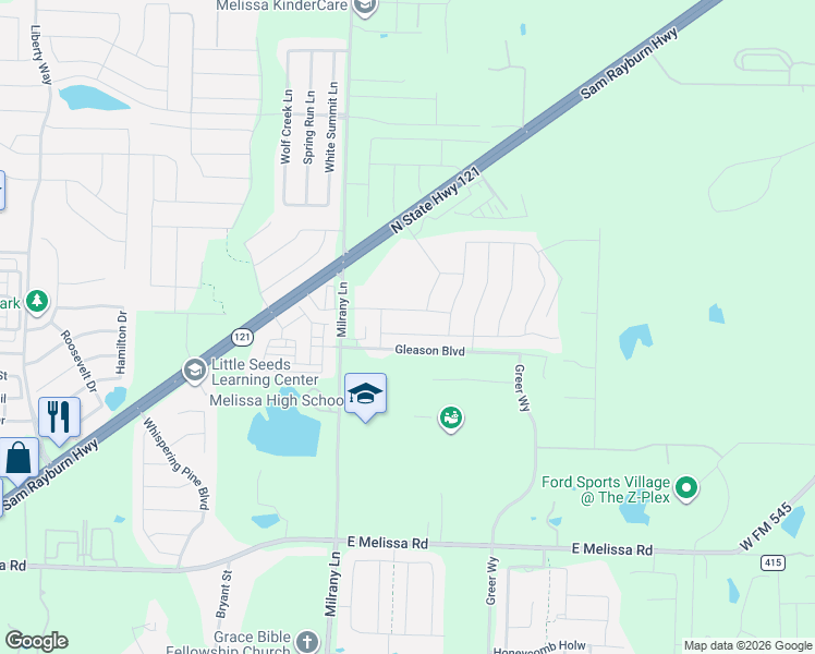 map of restaurants, bars, coffee shops, grocery stores, and more near 3115 Milrany Lane in Melissa
