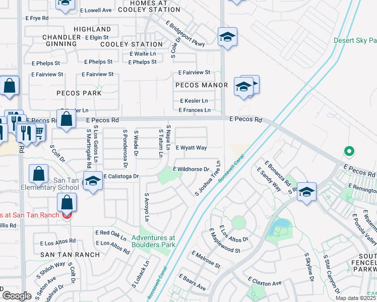 map of restaurants, bars, coffee shops, grocery stores, and more near 3865 East Wyatt Way in Gilbert