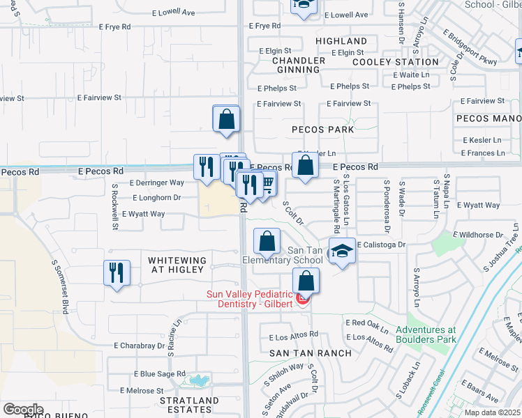 map of restaurants, bars, coffee shops, grocery stores, and more near 3271 South Higley Road in Gilbert