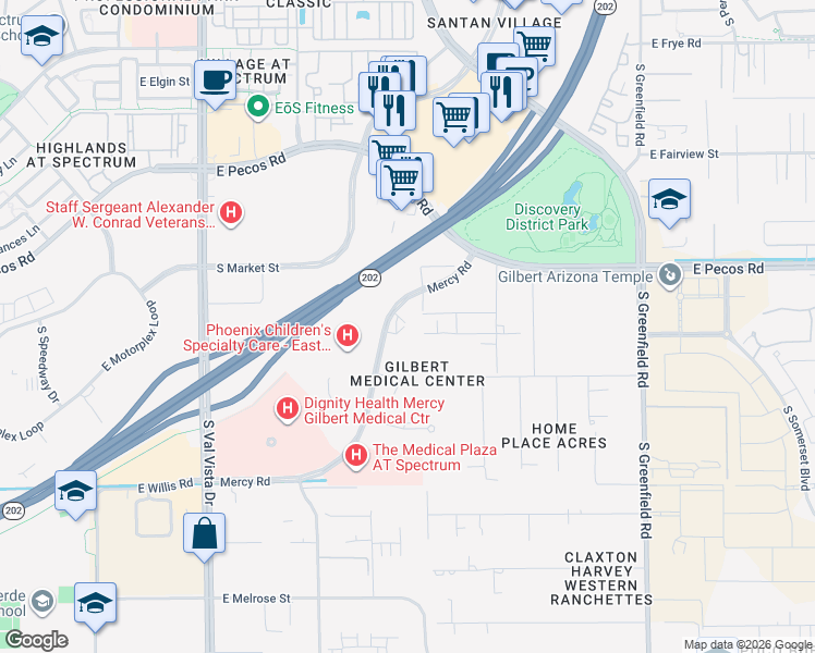 map of restaurants, bars, coffee shops, grocery stores, and more near 2018 East Longhorn Drive in Gilbert