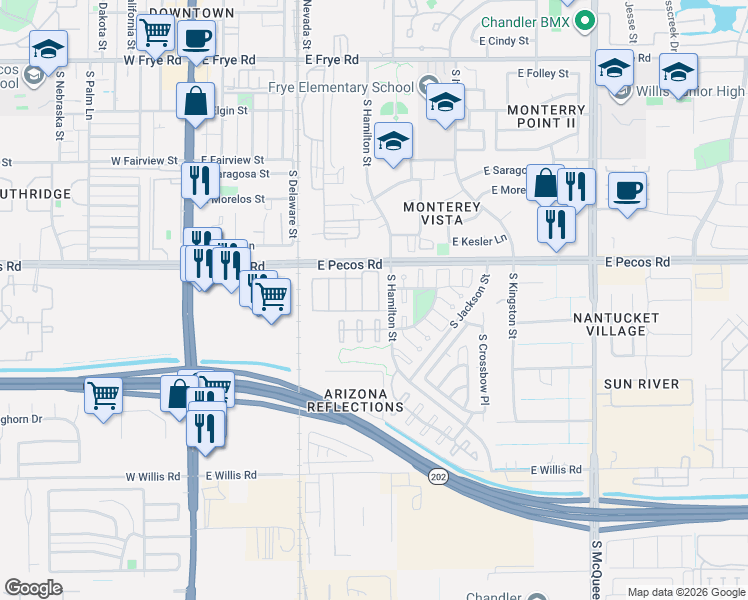 map of restaurants, bars, coffee shops, grocery stores, and more near 1033 South Fresno Street in Chandler