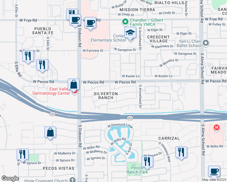 map of restaurants, bars, coffee shops, grocery stores, and more near 1010 South Brentwood Court in Chandler