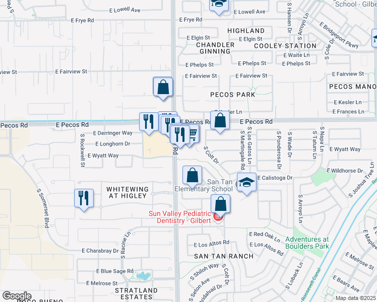 map of restaurants, bars, coffee shops, grocery stores, and more near 3261 East Pecos Road in Gilbert