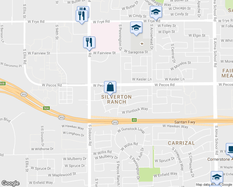 map of restaurants, bars, coffee shops, grocery stores, and more near 1810 West Derringer Way in Chandler