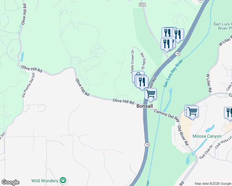 map of restaurants, bars, coffee shops, grocery stores, and more near 5821 Triple Crown Place in Bonsall