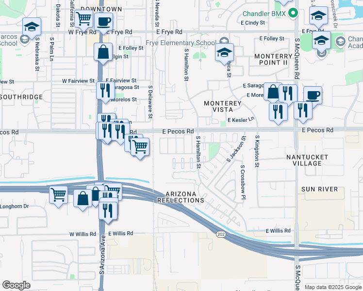 map of restaurants, bars, coffee shops, grocery stores, and more near 1033 South Fresno Street in Chandler
