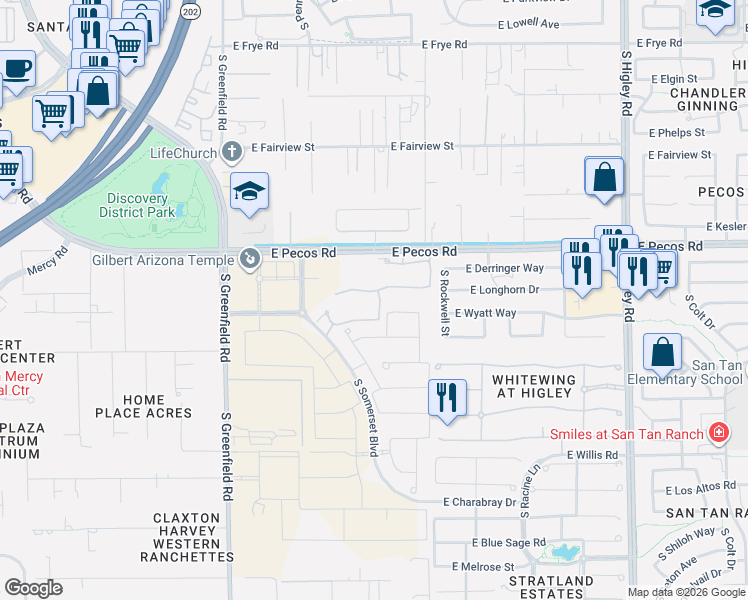 map of restaurants, bars, coffee shops, grocery stores, and more near 2684 East Longhorn Drive in Gilbert