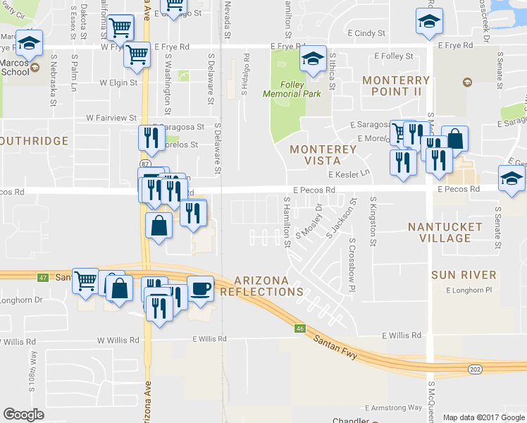map of restaurants, bars, coffee shops, grocery stores, and more near 1033 South Fresno Street in Chandler