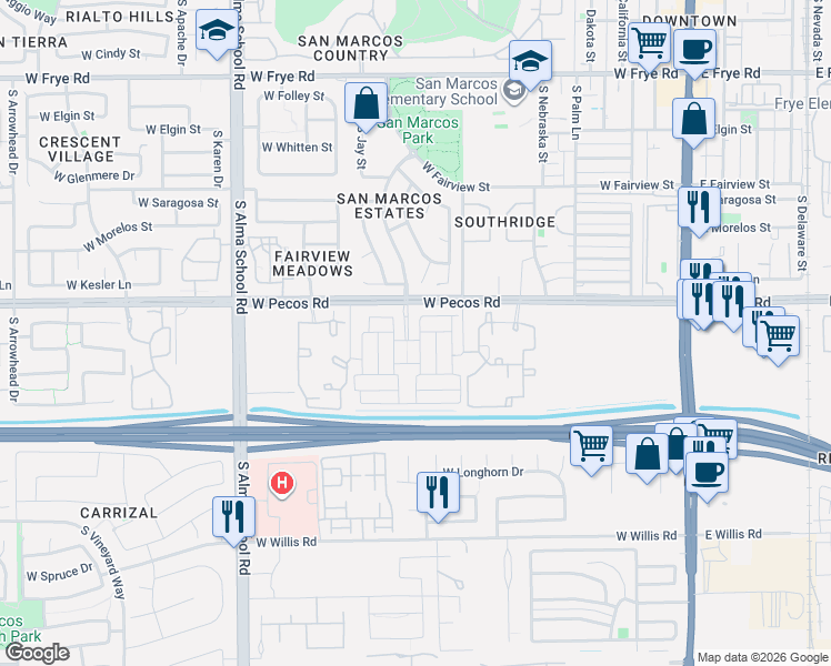 map of restaurants, bars, coffee shops, grocery stores, and more near 676 West Derringer Way in Chandler